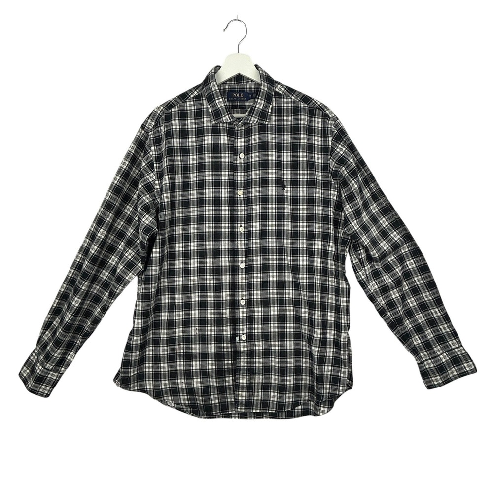 Polo Ralph Lauren Shirt Mens XL Button Up Plaid Black White Paint Splatter Flaws